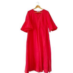 Biba Coral Pink ‎ Bell Sleeves Cotton Pockets Maxi Dress